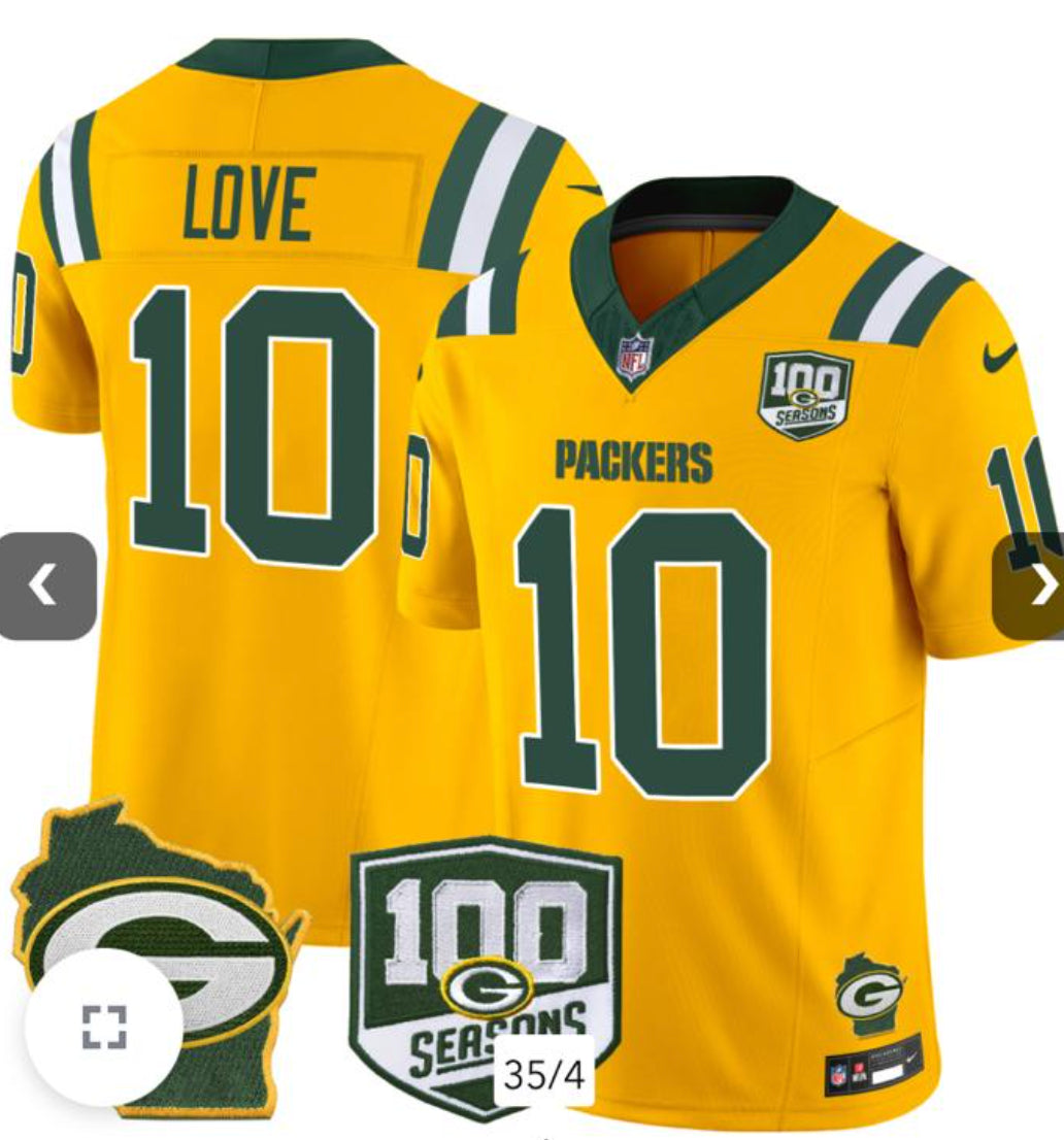 Jordan Love Green Bay Packers 100 Seasons 10# Jersey - Yellow