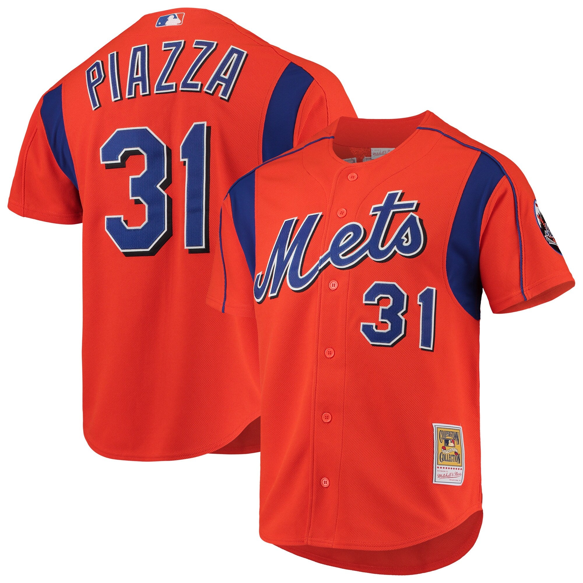 Mike Piazza New York Mets Cooperstown Collection Mesh Batting Practice Button-Up Jersey - Royal/Black/Orange