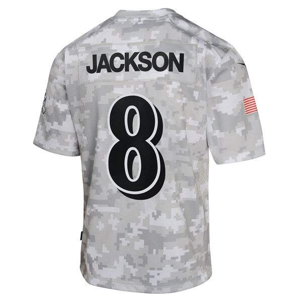 Lamar Jackson Baltimore Ravens Nike Youth 2024 Salute to Service Game Jersey - Arctic Camo