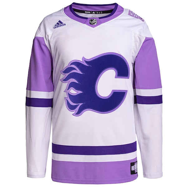 Calgary Flames adidas Hockey Fights Cancer Primegreen Authentic Custom Jersey - White/Purple