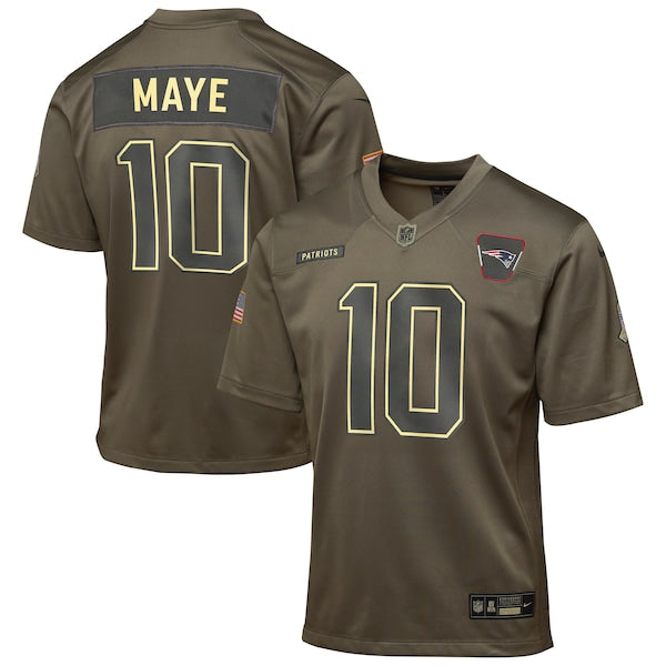 Drake Maye New England Patriots Nike Youth 2025 Salute to Service Game Jersey - Olive