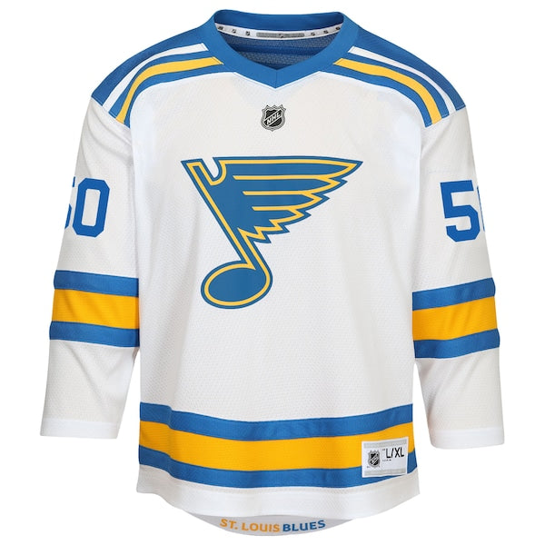 Jordan Binnington St. Louis Blues Youth Away Replica Player Jersey - White/Blue