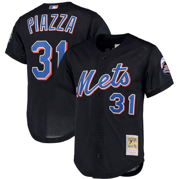 Mike Piazza New York Mets Big & Tall Cooperstown Collection Mesh Button-Up Jersey- Black