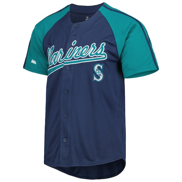 Seattle Mariners Stitches Button-Down Raglan Fashion Jersey - Navy