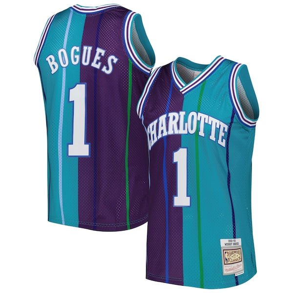 Muggsy Bogues Charlotte Hornets  Hardwood Classics 1992/93 Split Swingman Jersey - Teal/Purple