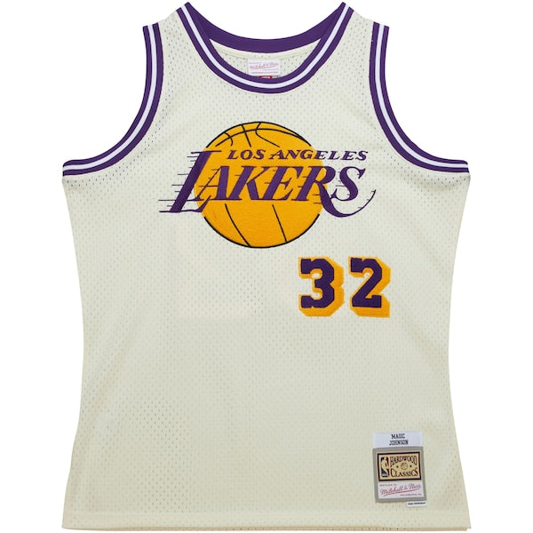 Magic Johnson Los Angeles Lakers Chainstitch Swingman Jersey - Cream