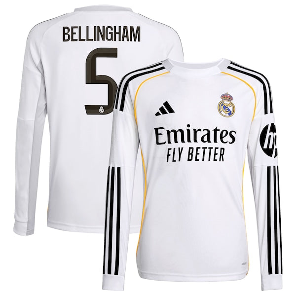 Jude Bellingham Los Merengues adidas Youth 2025/26 Home Replica Long Sleeve Jersey - White