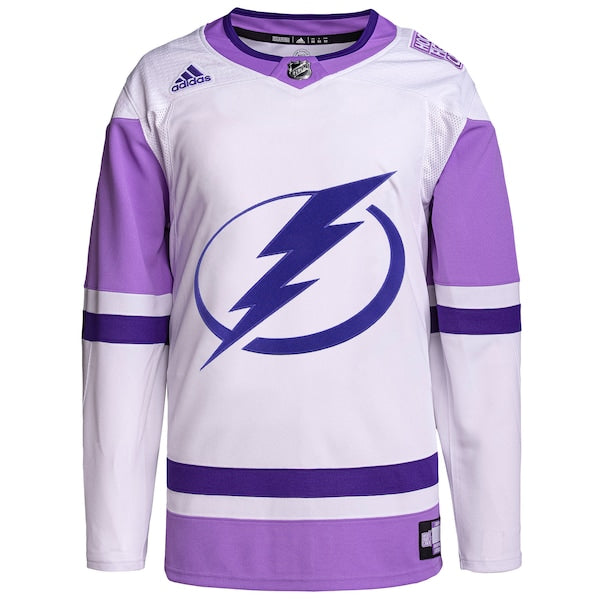 Tampa Bay Lightning adidas Hockey Fights Cancer Primegreen Authentic Blank Practice Jersey - White/Purple