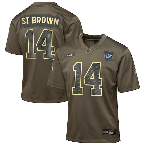 Amon-Ra St. Brown Detroit Lions Nike Youth 2025 Salute to Service Game Jersey - Olive