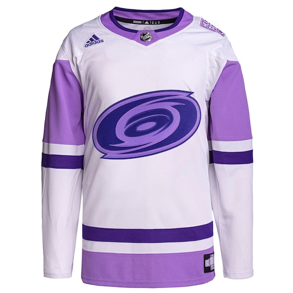 Carolina Hurricanes adidas Hockey Fights Cancer Primegreen Authentic Blank Practice Jersey - White/Purple