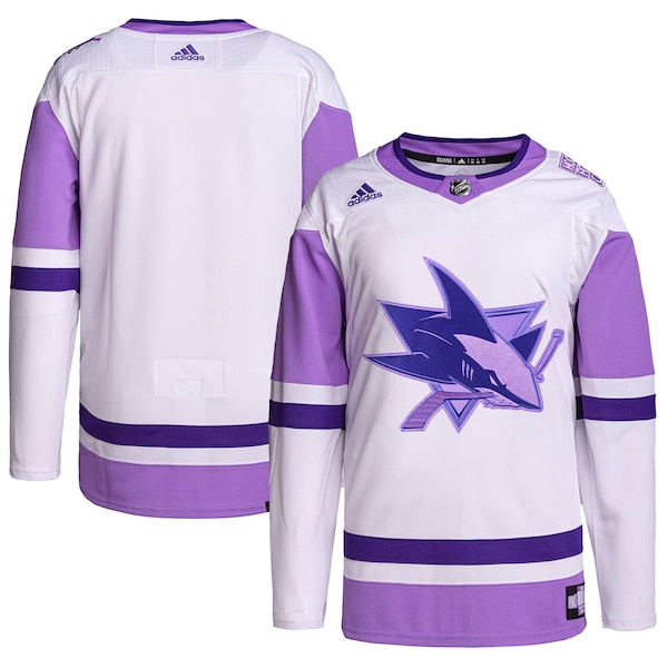 San Jose Sharks adidas Hockey Fights Cancer Primegreen Authentic Blank Practice Jersey - White/Purple